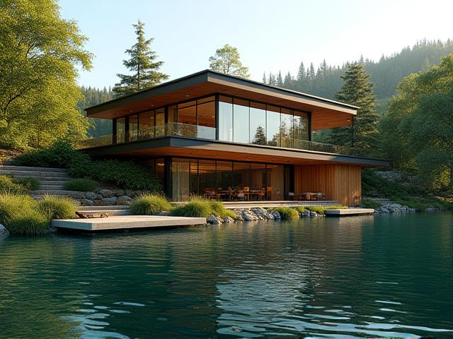 Modern lakeside residence with large windows and wooden accents