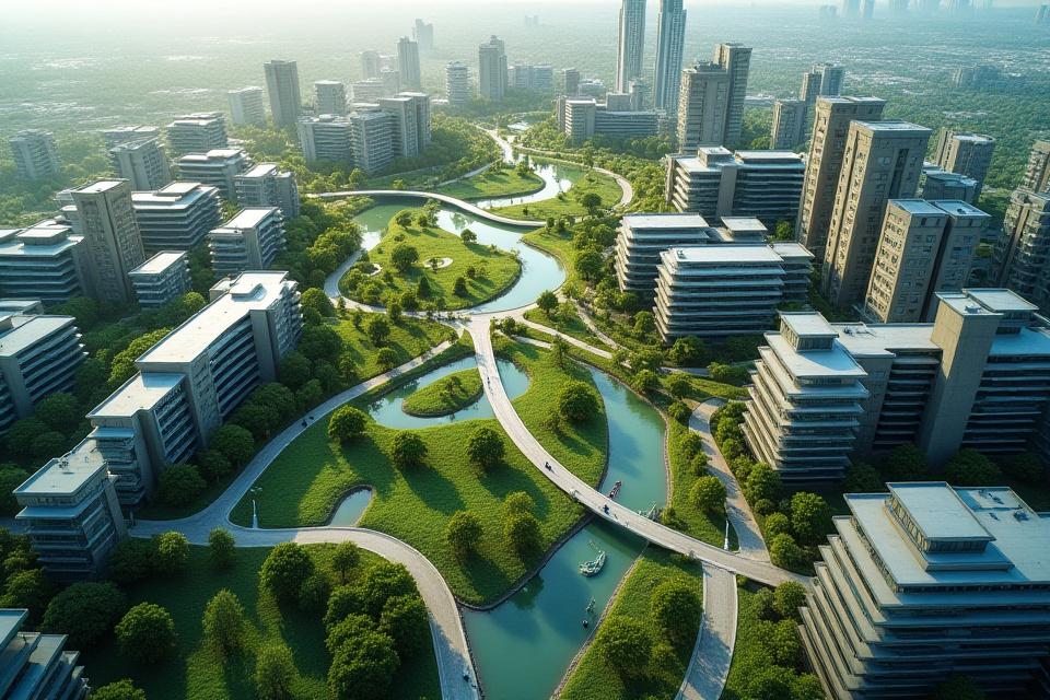 Aerial view of a well-planned sustainable urban area with green spaces and modern buildings